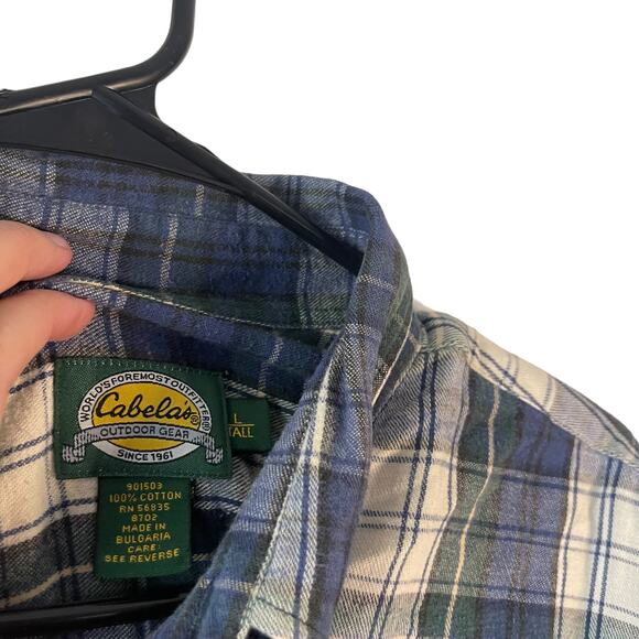 Cabela's Men's Size Large Tall Flannel Blue Plaid Button Up - Picture 5 of 8